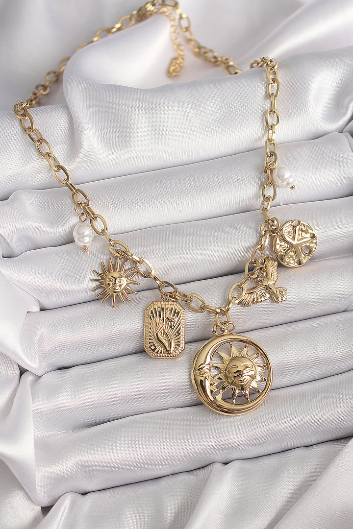 EBJ 316L Stainless Steel Gold Color Ring Chain Swing Sun Moon Figure Bird Detail Women's Necklace - Paterno