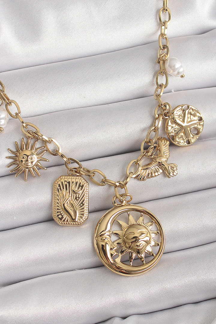 EBJ 316L Stainless Steel Gold Color Ring Chain Swing Sun Moon Figure Bird Detail Women's Necklace - Paterno