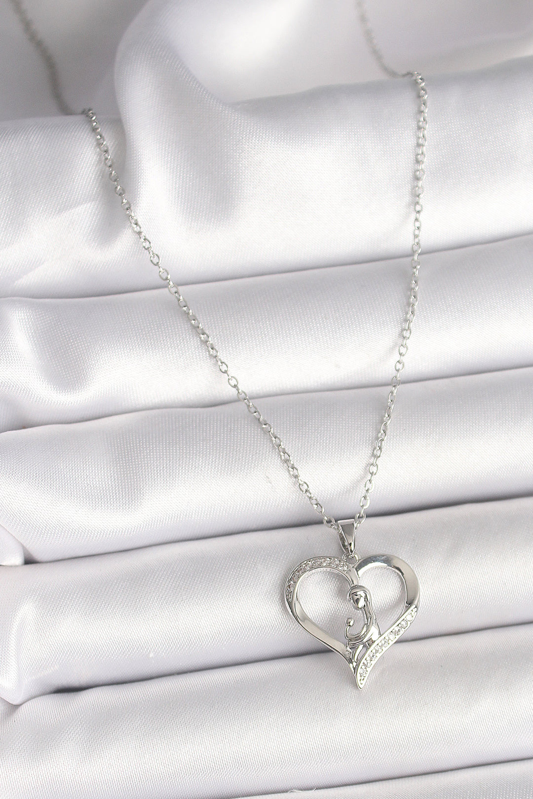 EBJ 316L Stainless Steel Silver Color Chain Zircon Stone Detailed Heart Model Women's Necklace - Esher