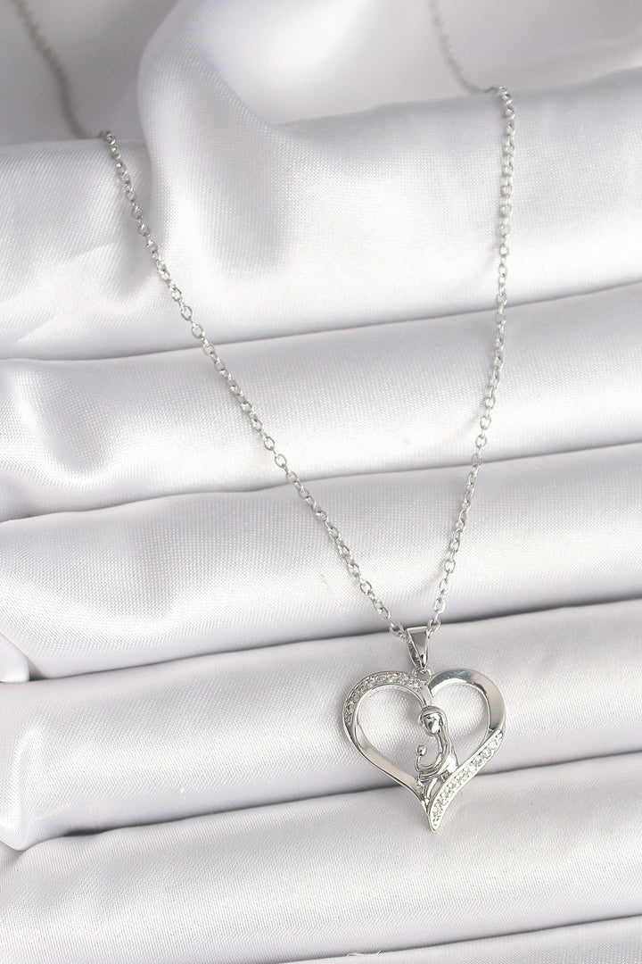 EBJ 316L Stainless Steel Silver Color Chain Zircon Stone Detailed Heart Model Women's Necklace - Esher