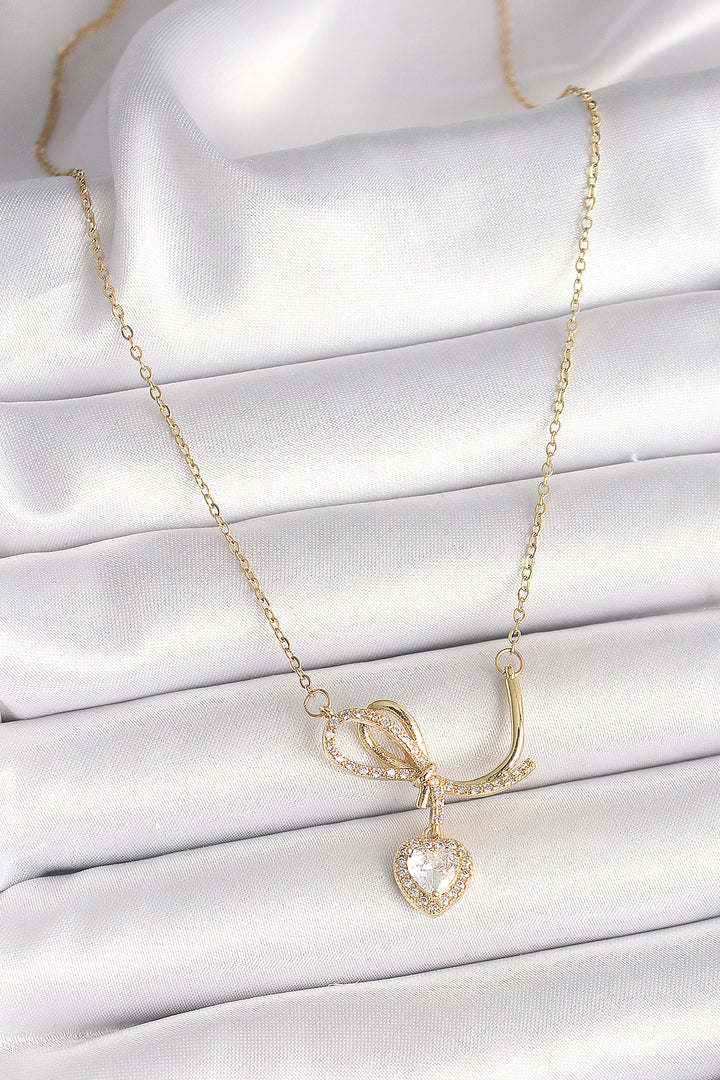 EBJ 316L Steel Gold Color Chain with Zircon Stone Knot Pendant Heart Model Women's Necklace - Bristol