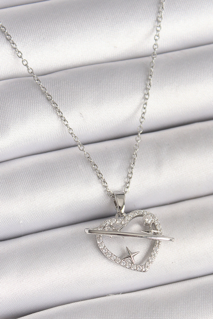 EBJ 316L Stainless Steel Silver Color Chain with Zircon Stone Heart Model Star Detail Women's Necklace - Irákleio