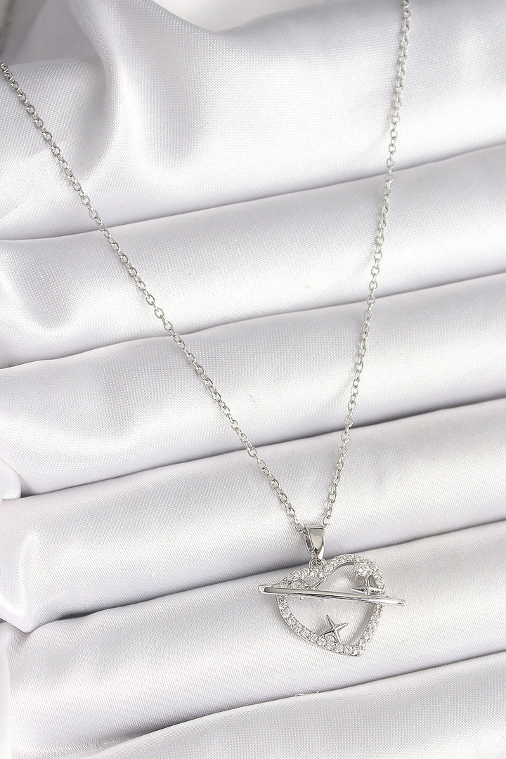EBJ 316L Stainless Steel Silver Color Chain with Zircon Stone Heart Model Star Detail Women's Necklace - Irákleio