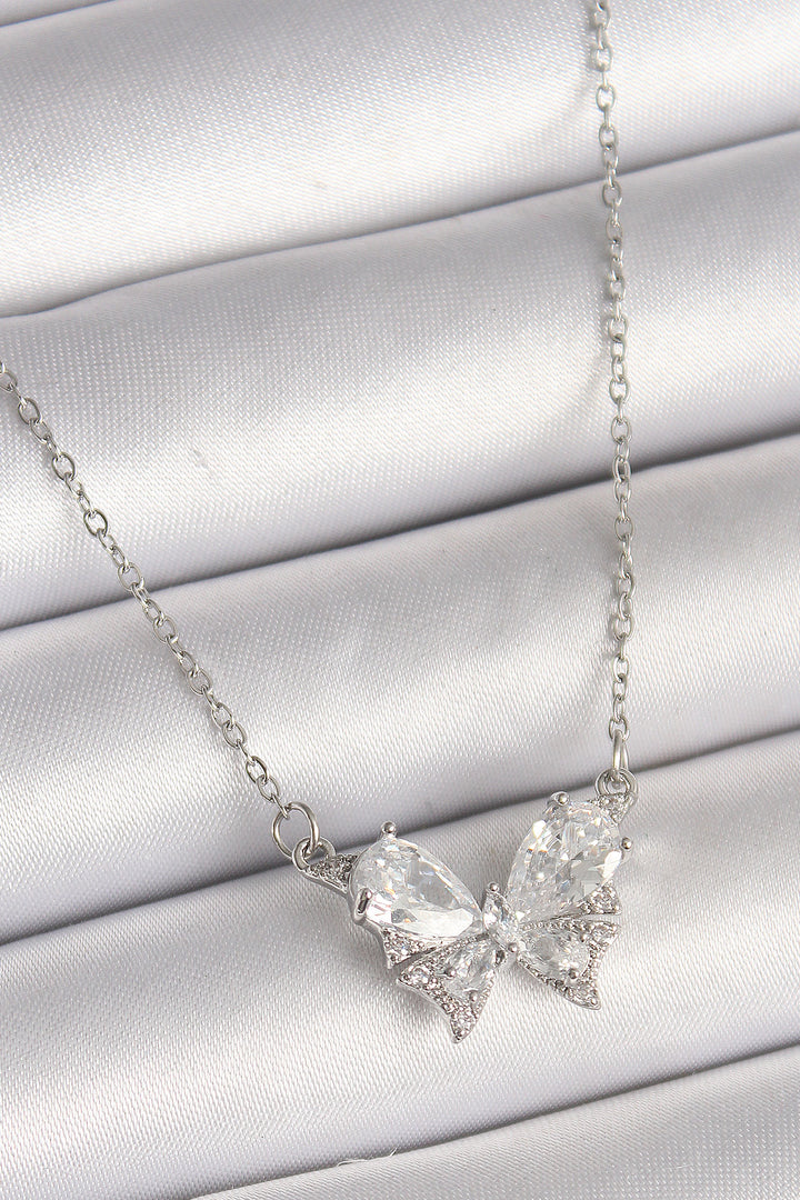 EBJ 316L Stainless Steel Silver Color Chain with Zircon Stone Bow Model Women's Necklace - Rheden