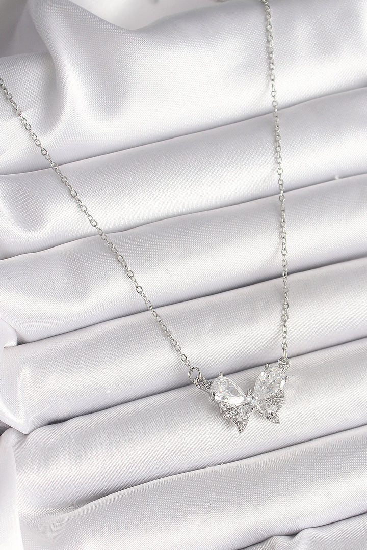 EBJ 316L Stainless Steel Silver Color Chain with Zircon Stone Bow Model Women's Necklace - Rheden