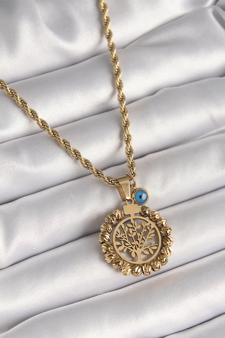 EBJ 316L Çelik Gold Renk Burgu Zincir Dorika Yaşam Ağacı Figür Nazar Boncuk Detay Kadın Kolye - Wolverhampton