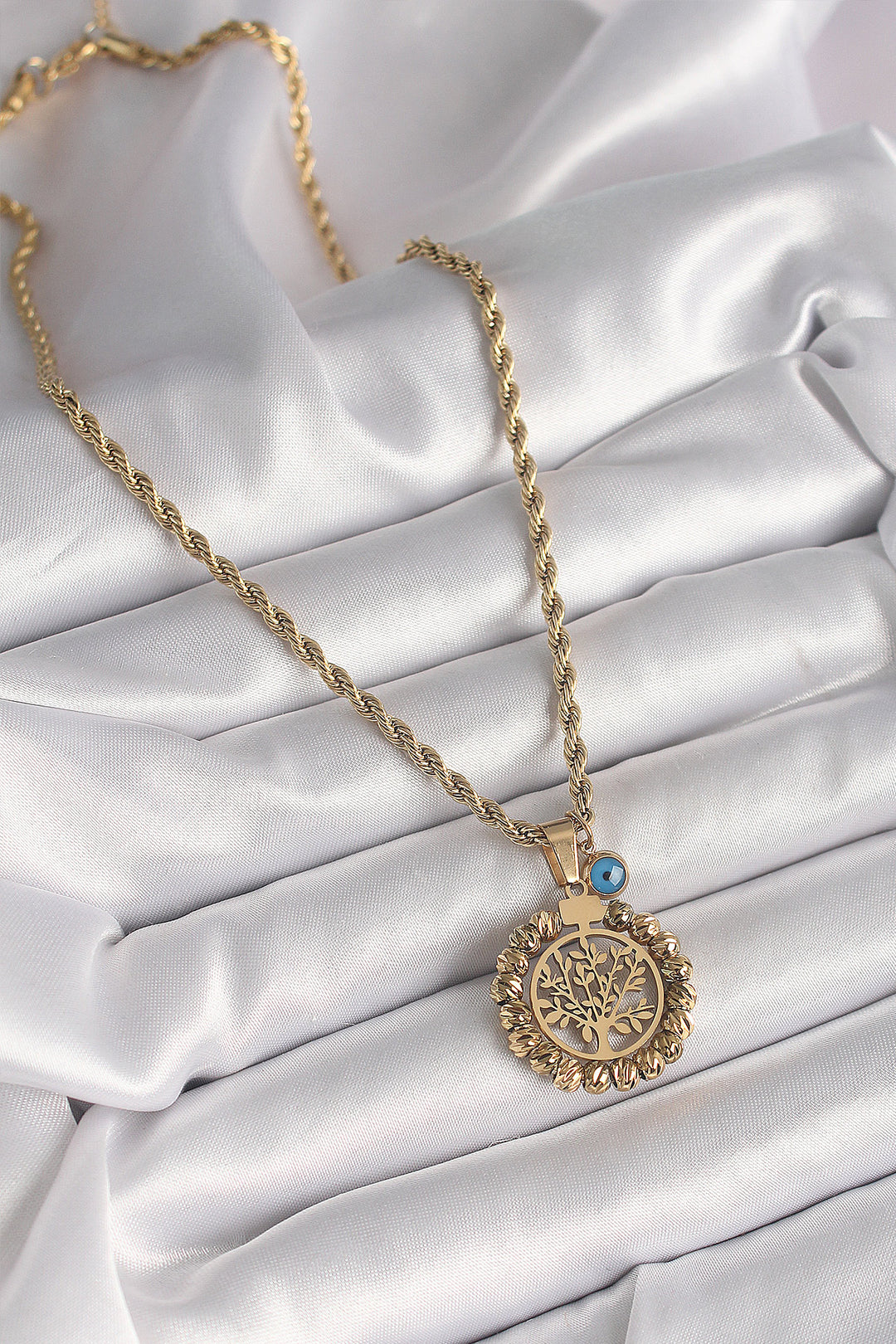 EBJ 316L Çelik Gold Renk Burgu Zincir Dorika Yaşam Ağacı Figür Nazar Boncuk Detay Kadın Kolye - Wolverhampton