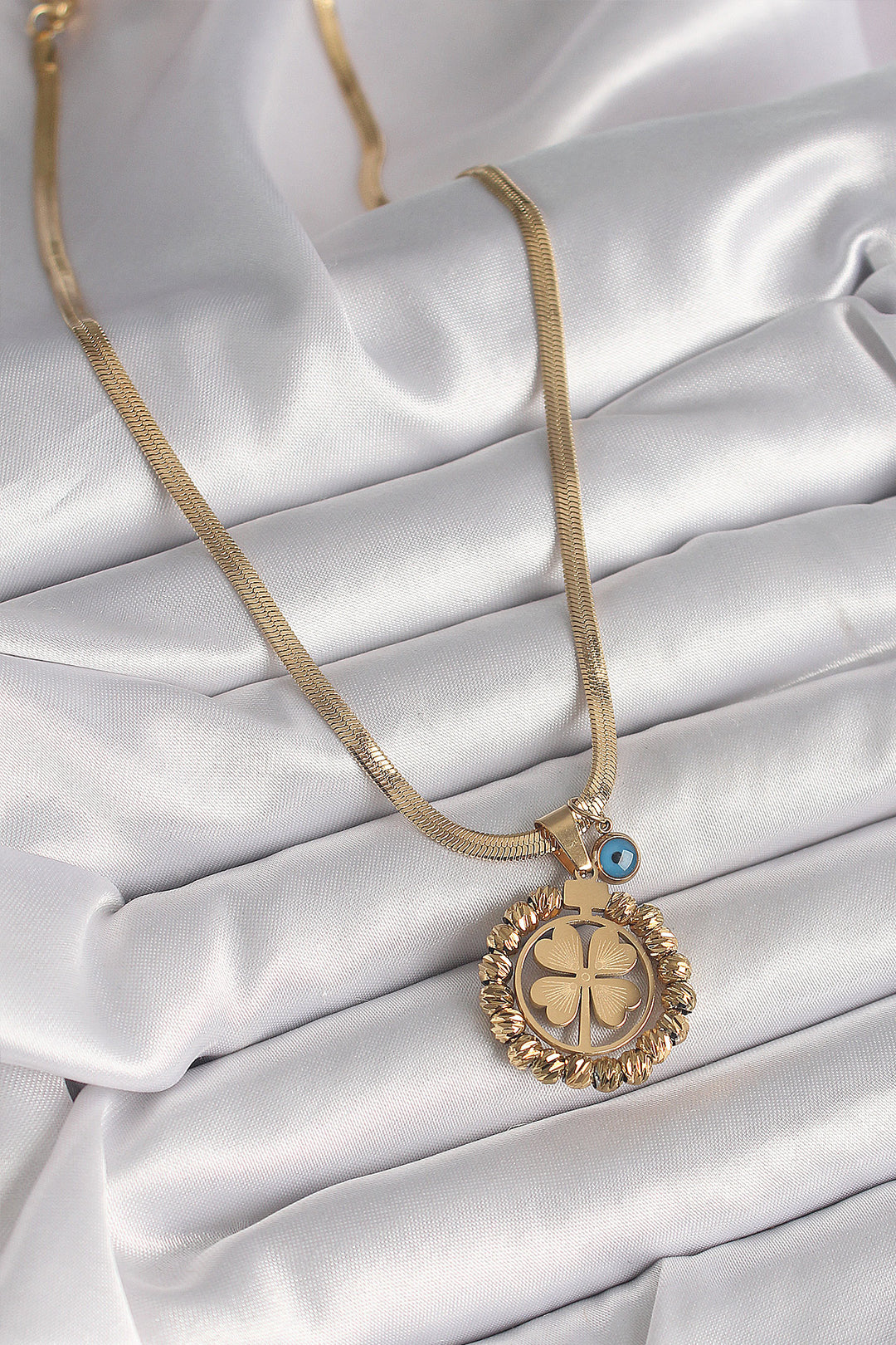 EBJ 316L Steel Gold Color Italian Chain Dorika Clover Model Evil Eye Detail Women's Necklace - Nelson