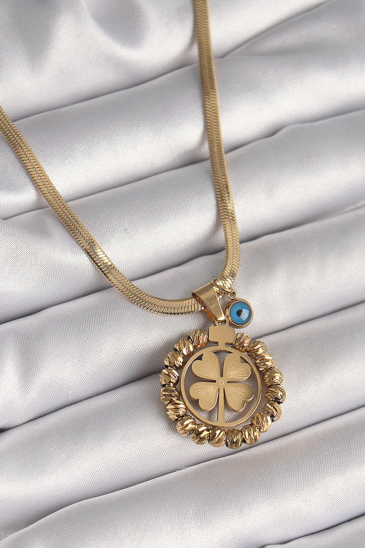 EBJ 316L Steel Gold Color Italian Chain Dorika Clover Model Evil Eye Detail Women's Necklace - Nelson