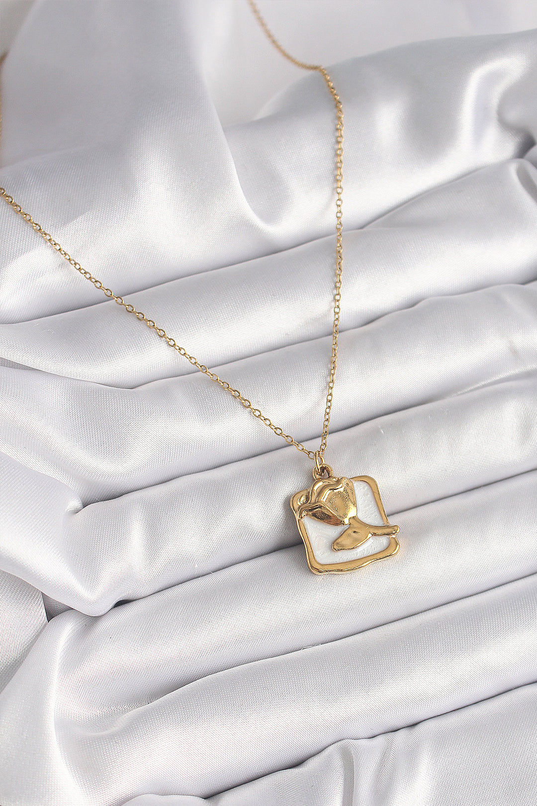 EBJ 316L Steel Gold Color Chain White Enamel Rose Portrait Model Women's Necklace - Potomac