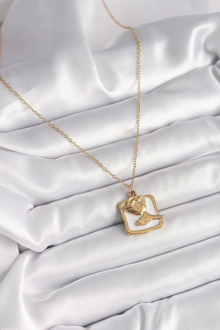 EBJ 316L Steel Gold Color Chain White Enamel Rose Portrait Model Women's Necklace - Potomac