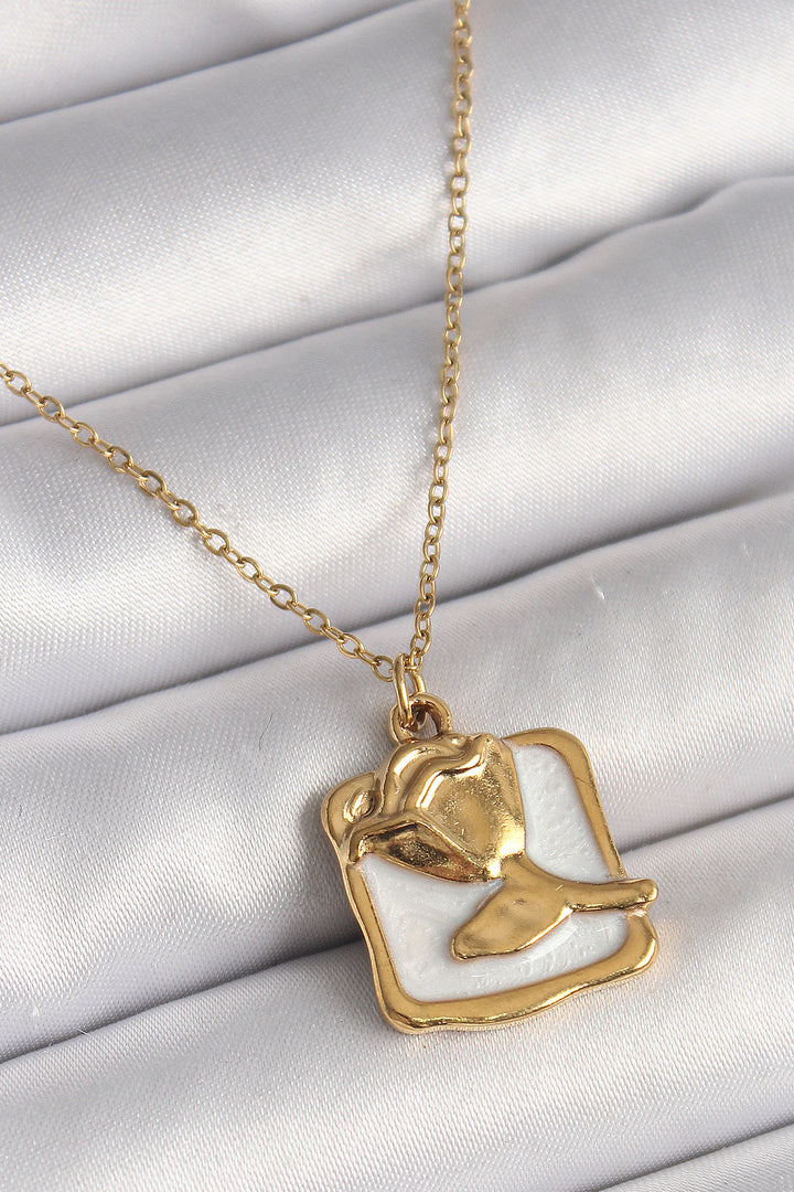 EBJ 316L Steel Gold Color Chain White Enamel Rose Portrait Model Women's Necklace - Potomac