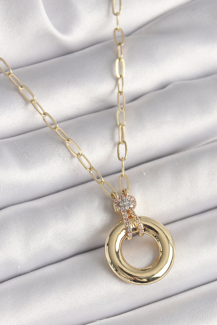 EBJ Rice Gold Color Zircon Stone Detailed Medal Model Women's Necklace - Calimaya