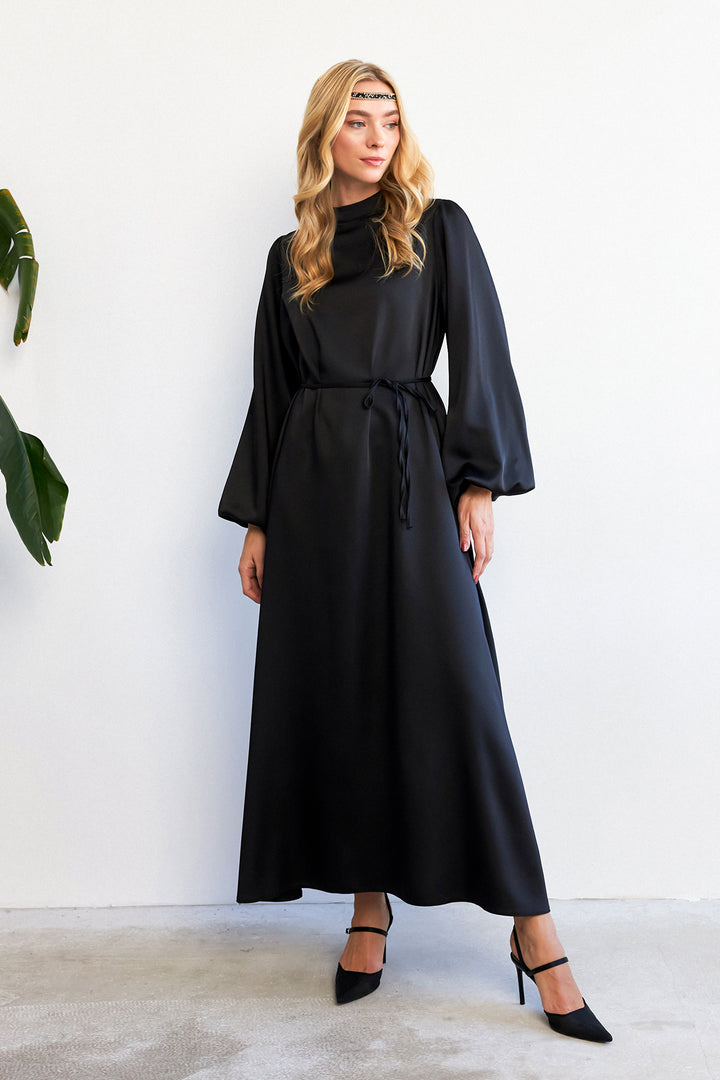 ZRF Women Balloon Sleeve Satin Evening Dress - Black - Woodstock