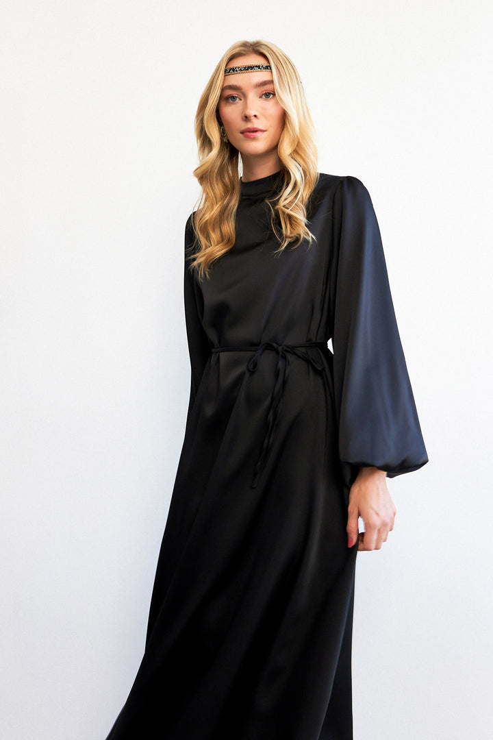 ZRF Women Balloon Sleeve Satin Evening Dress - Black - Woodstock