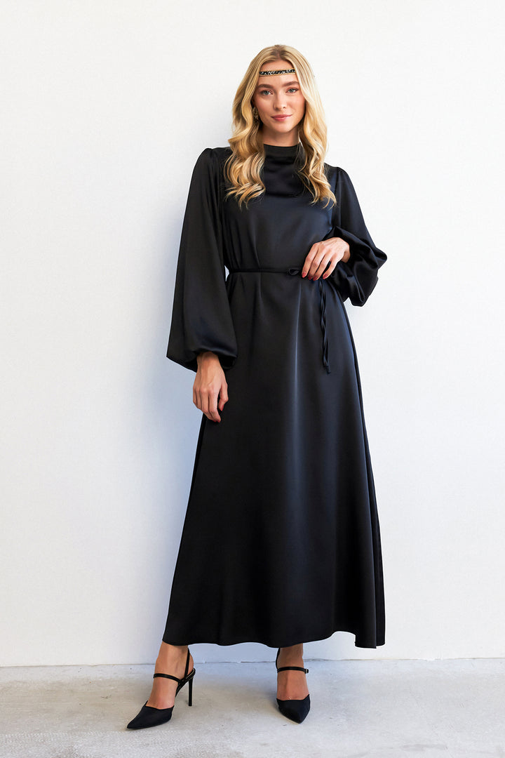 ZRF Women Balloon Sleeve Satin Evening Dress - Black - Woodstock