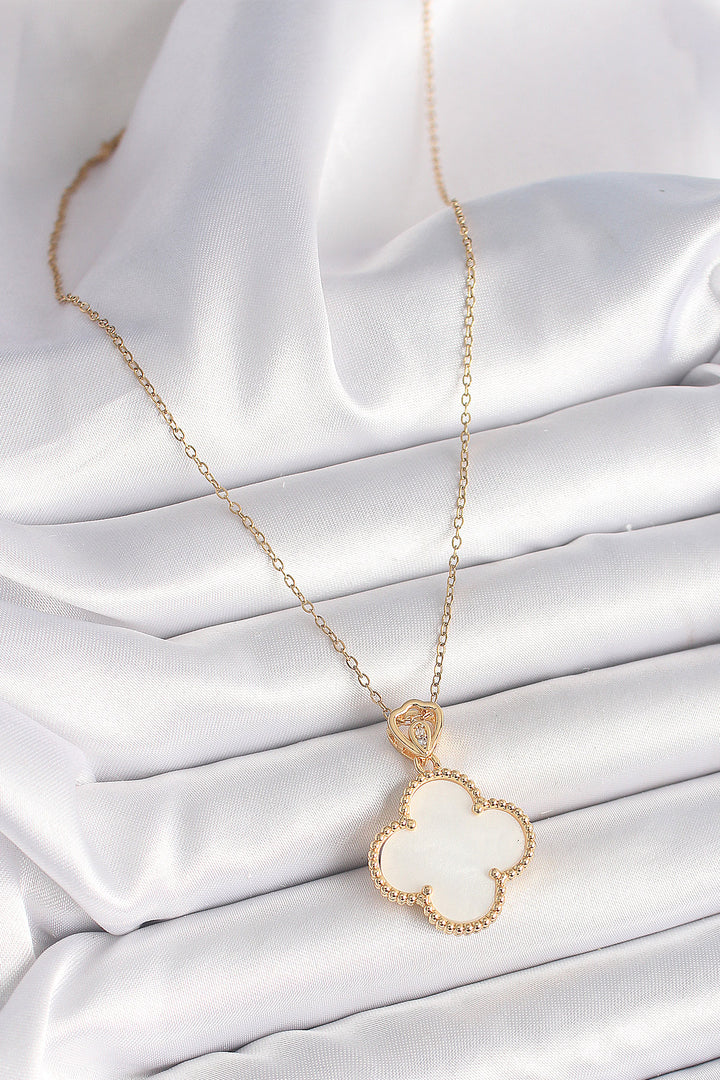 EBJ 316L Steel Gold Color Chain with Zircon Stone Detailed White Clover Model Women's Necklace - Moline