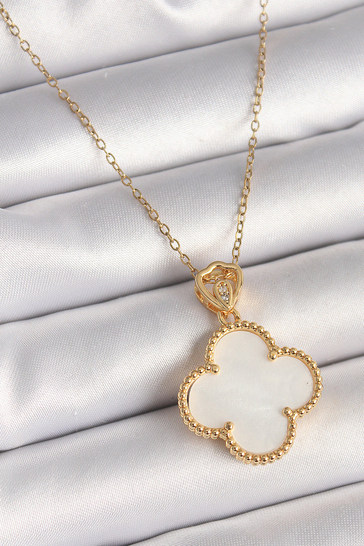 EBJ 316L Steel Gold Color Chain with Zircon Stone Detailed White Clover Model Women's Necklace - Moline
