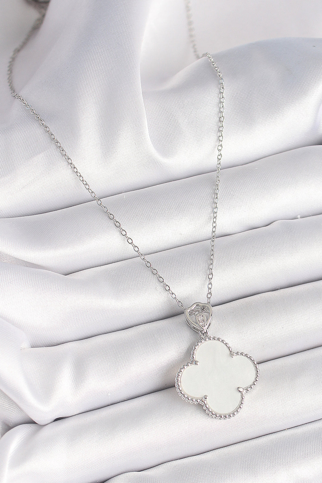 EBJ 316L Stainless Steel Silver Color Chain with Zircon Stone Detailed White Clover Model Women's Necklace - Boyarka