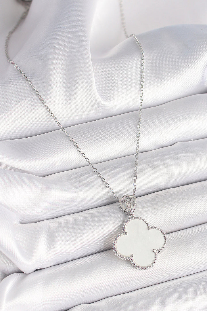 EBJ 316L Stainless Steel Silver Color Chain with Zircon Stone Detailed White Clover Model Women's Necklace - Boyarka