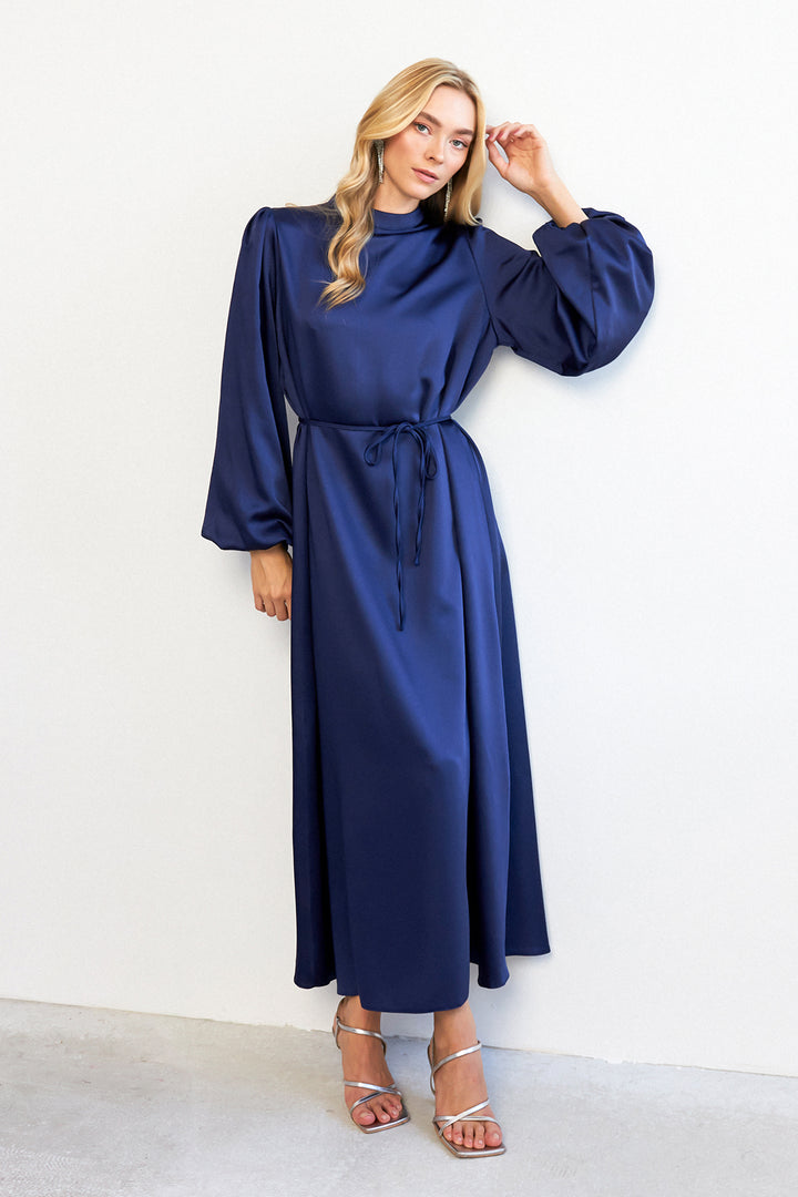 ZRF Women Balloon Sleeve Satin Evening Dress - Navy Blue - Albany
