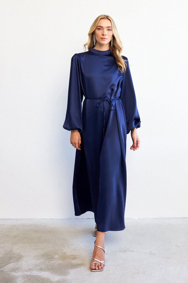 ZRF Women Balloon Sleeve Satin Evening Dress - Navy Blue - Albany
