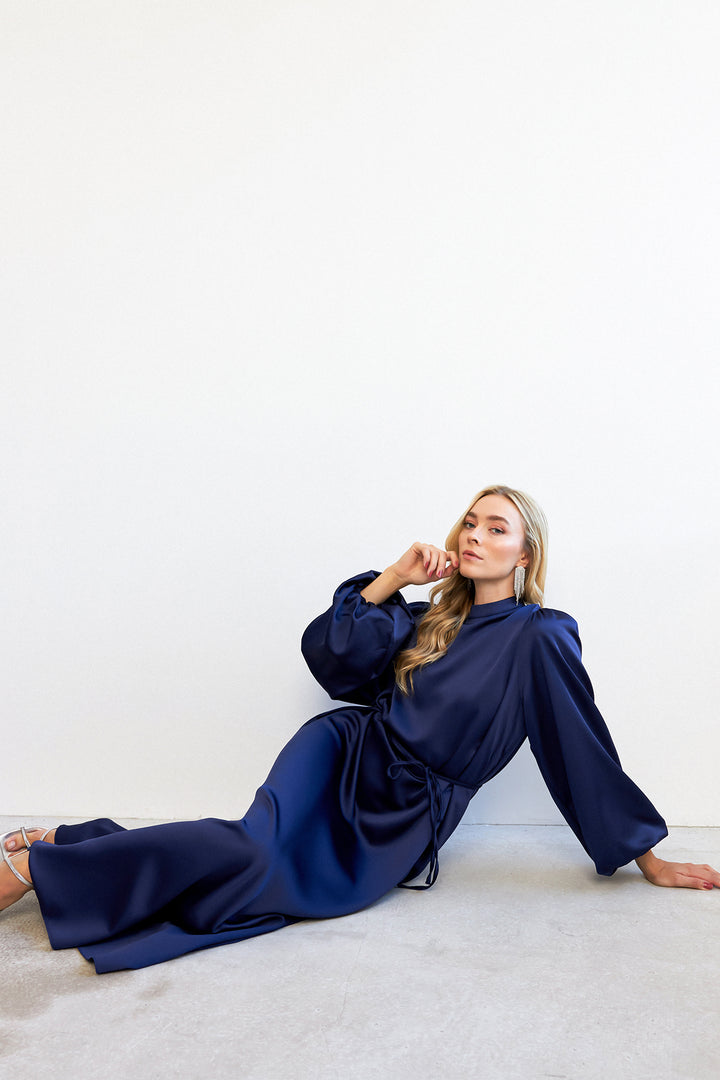 ZRF Women Balloon Sleeve Satin Evening Dress - Navy Blue - Albany