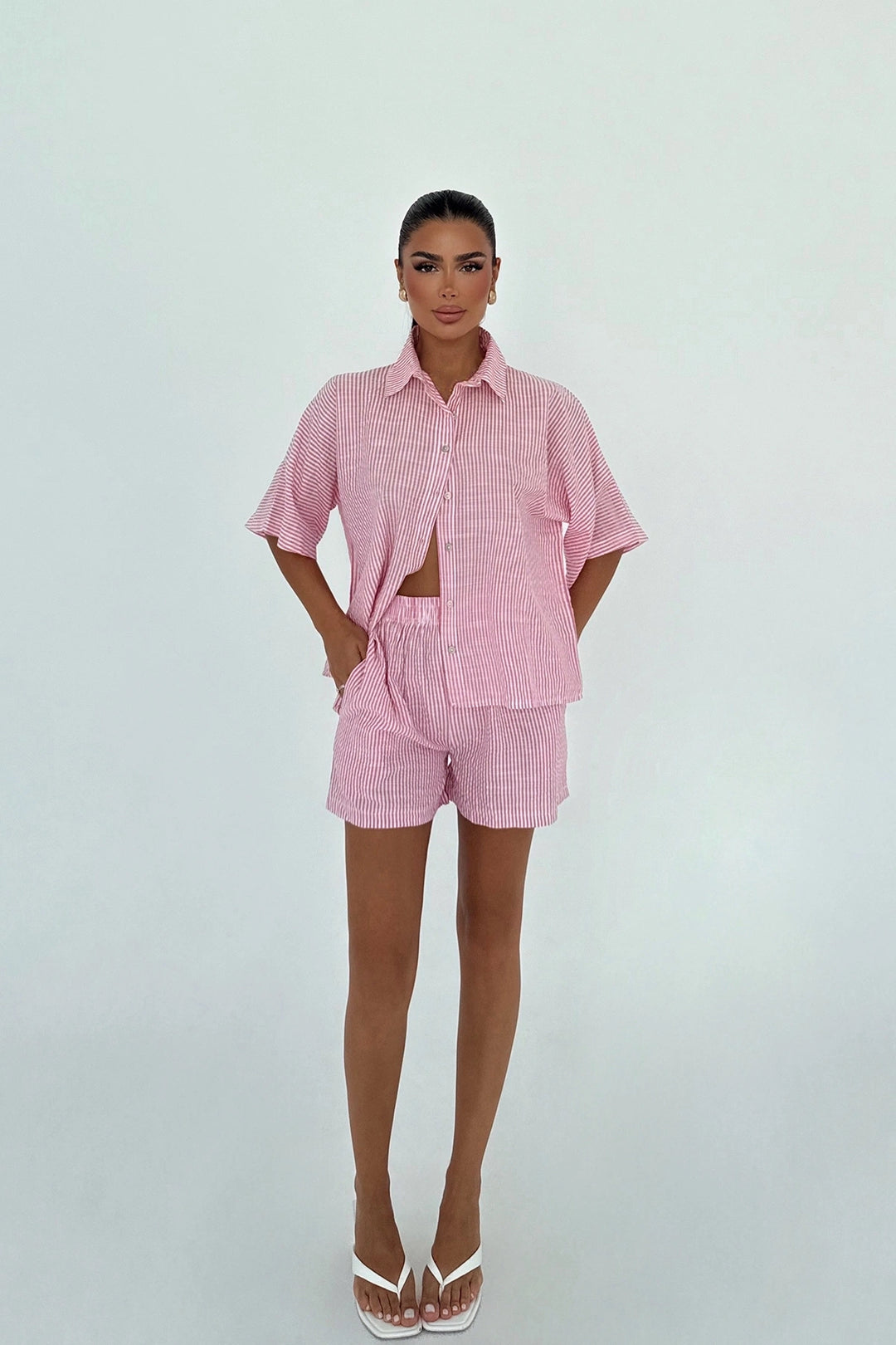 EYY Women Pink Striped Shorts Set - Gary