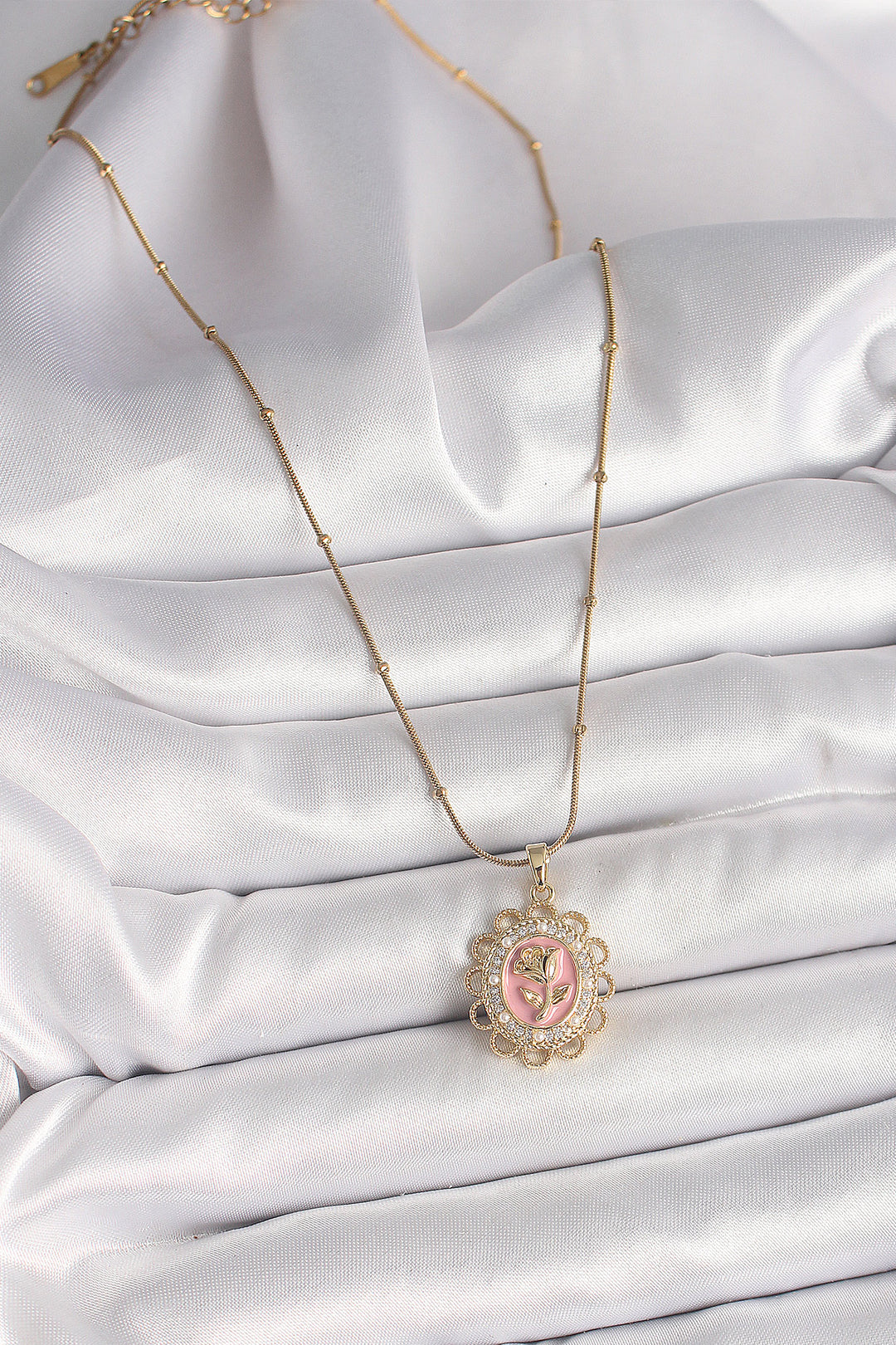 EBJ 316L Steel Gold Color Ball Chain with Zircon Stone Detailed Pink Rose Embroidered Portrait Model Women's Necklace - Hammersmith