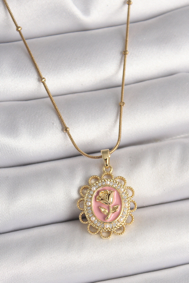 EBJ 316L Steel Gold Color Ball Chain with Zircon Stone Detailed Pink Rose Embroidered Portrait Model Women's Necklace - Hammersmith