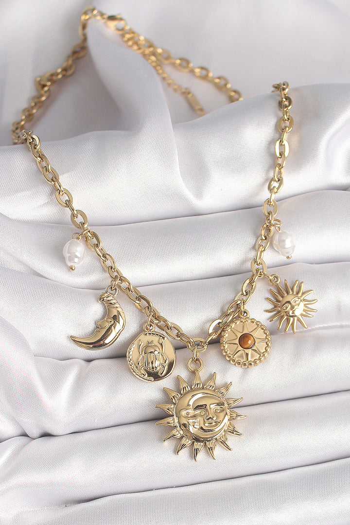 EBJ 316L Steel Gold Color Sun Moon Model Pearl Detail Women's Necklace - Spokane