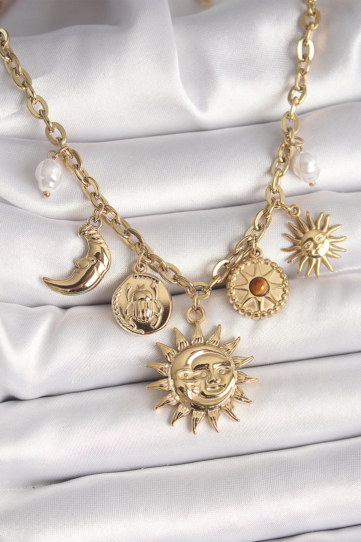 EBJ 316L Steel Gold Color Sun Moon Model Pearl Detail Women's Necklace - Spokane