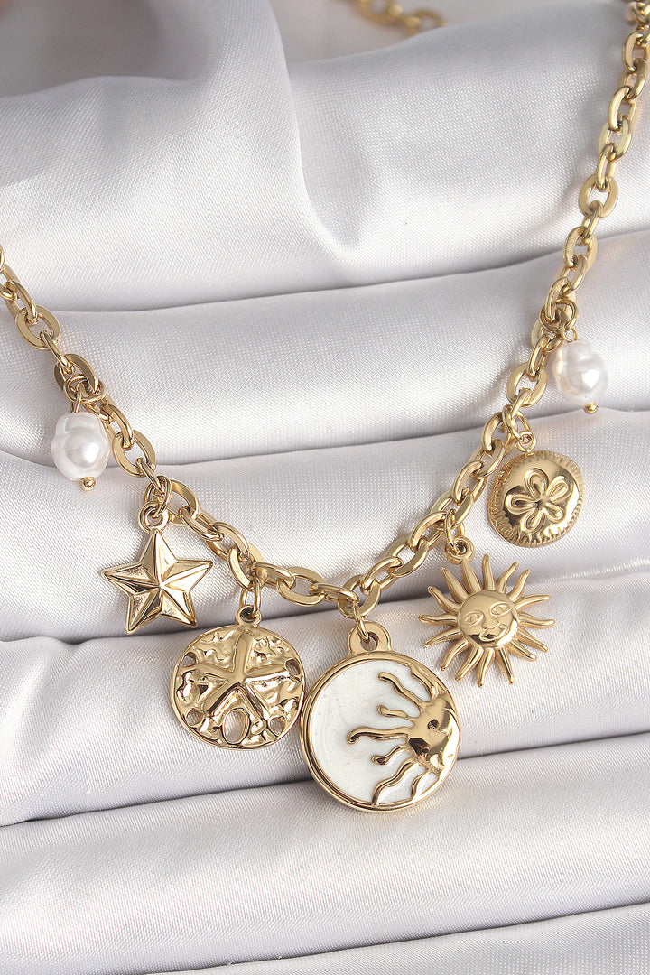 EBJ 316L Steel Gold Color White Enamel Sunset Figure Star Sun Detail Women's Necklace - Kennewick