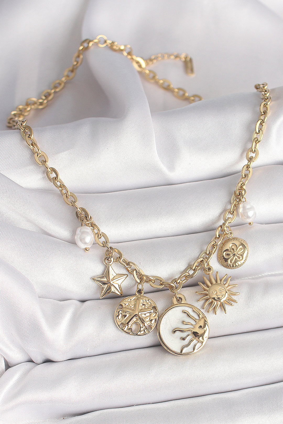 EBJ 316L Steel Gold Color White Enamel Sunset Figure Star Sun Detail Women's Necklace - Kennewick