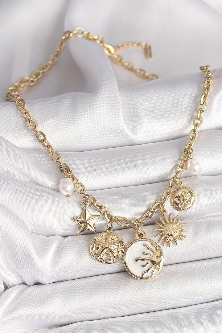 EBJ 316L Steel Gold Color White Enamel Sunset Figure Star Sun Detail Women's Necklace - Kennewick
