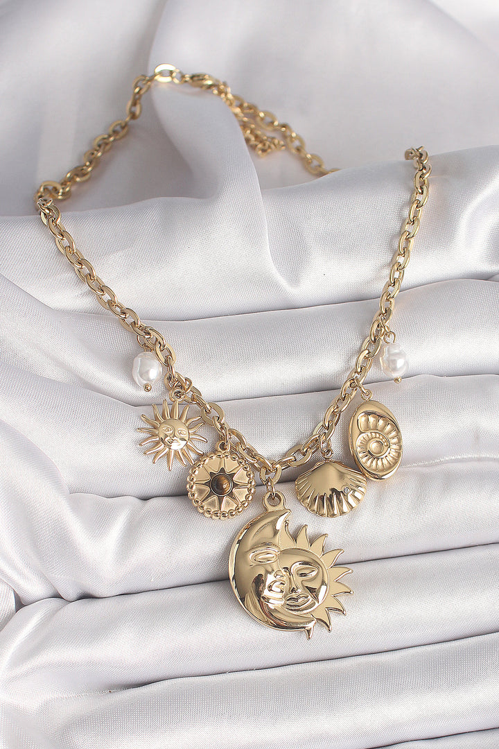EBJ 316L Stainless Steel Gold Color Sun Moon Figure Seashell Detail Women's Necklace - Gera