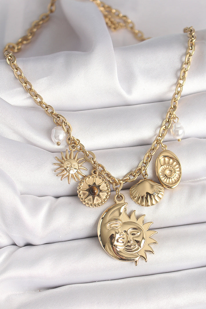 EBJ 316L Stainless Steel Gold Color Sun Moon Figure Seashell Detail Women's Necklace - Gera