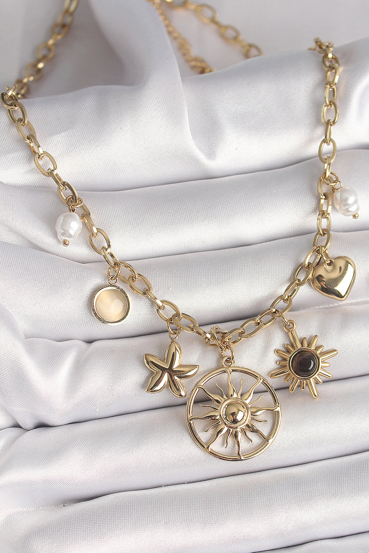 EBJ 316L Steel Gold Color Sun Model Black Enamel Sun Detail Women's Necklace - West Seneca