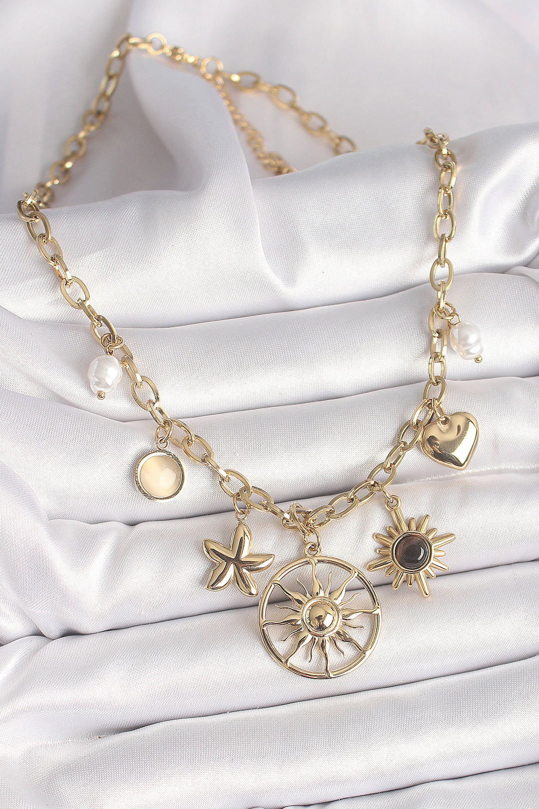 EBJ 316L Steel Gold Color Sun Model Black Enamel Sun Detail Women's Necklace - West Seneca