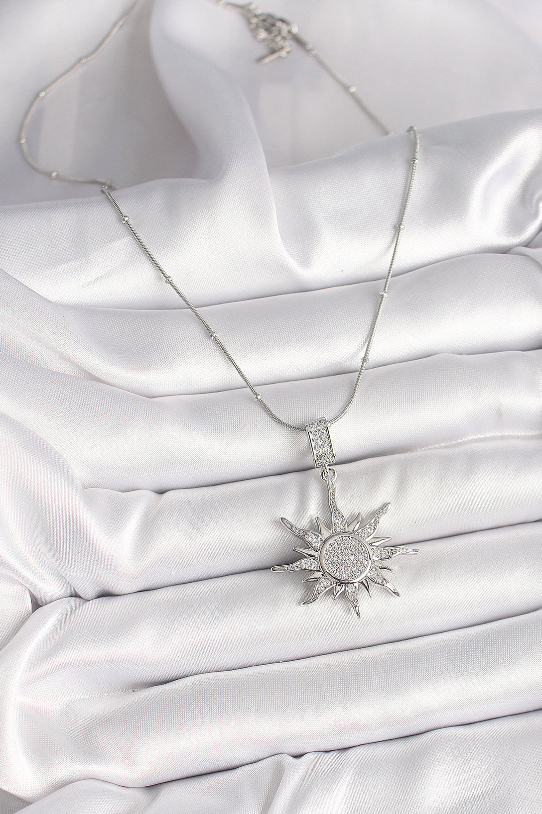 EBJ 316L Stainless Steel Silver Color Zircon Stone Dangle Sun Model Bead Chain Women's Necklace - San Felíu de Llobregat