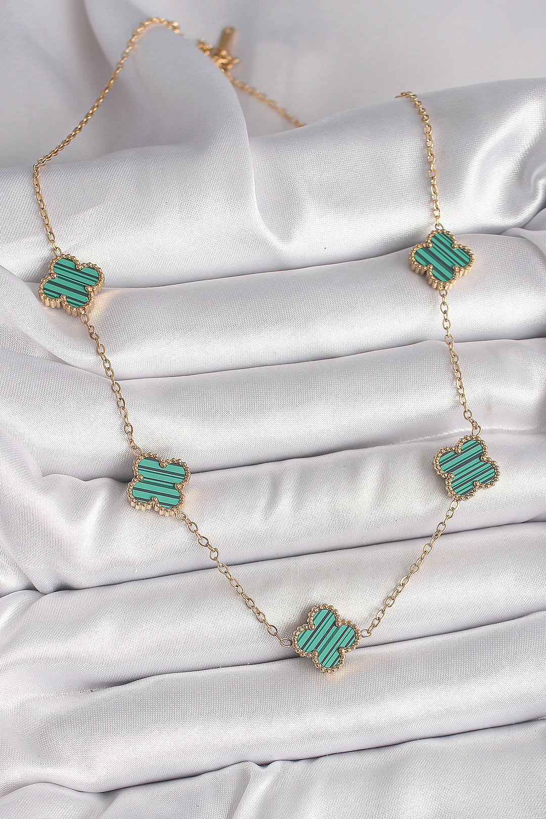 EBJ 316L Steel Gold Color Chain Green Clover Model Women's Necklace - Sale