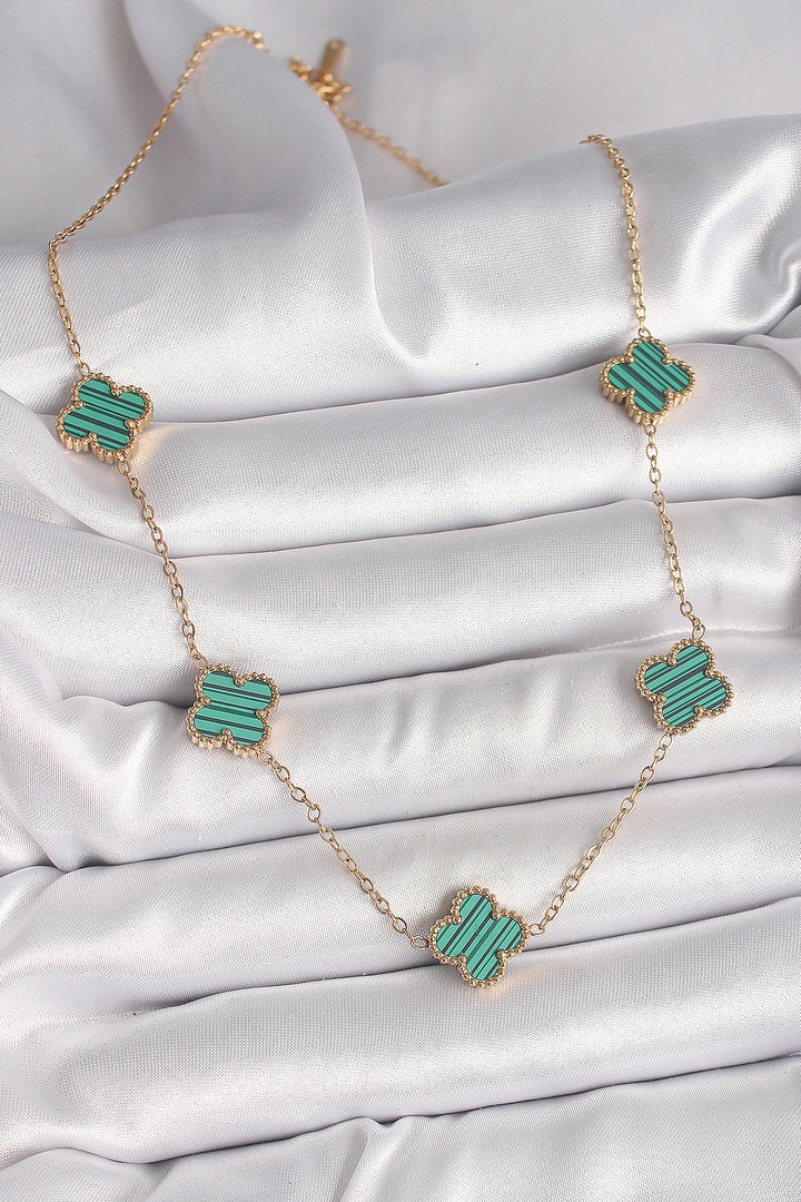 EBJ 316L Steel Gold Color Chain Green Clover Model Women's Necklace - Sale