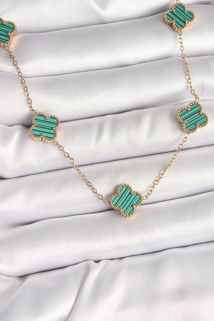 EBJ 316L Steel Gold Color Chain Green Clover Model Women's Necklace - Sale