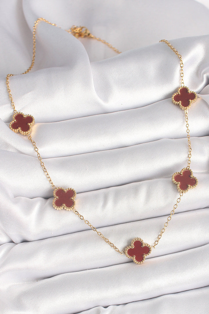 EBJ 316L Steel Gold Color Chain Burgundy Clover Model Women's Necklace - Brownsville