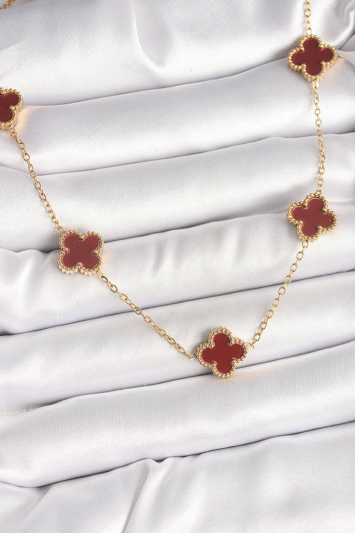EBJ 316L Steel Gold Color Chain Burgundy Clover Model Women's Necklace - Brownsville