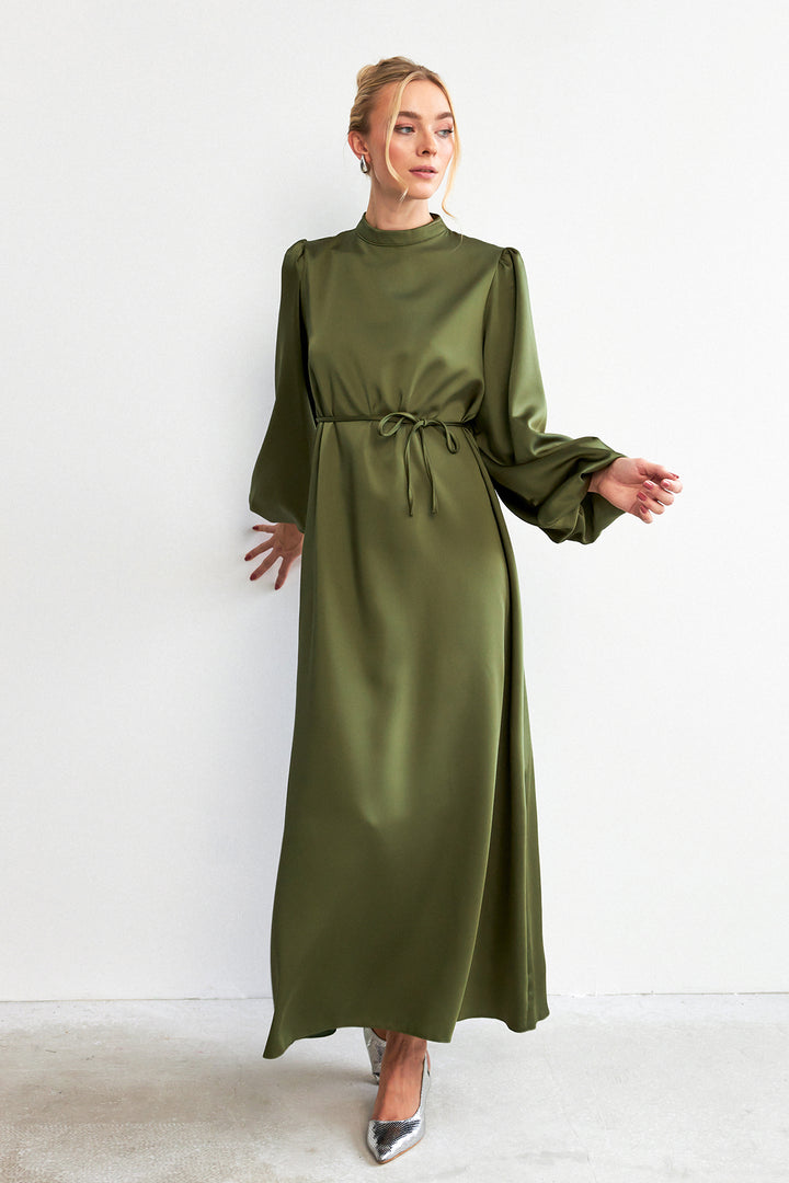 ZRF Women Balloon Sleeve Satin Evening Dress - Khaki - Chino Hills