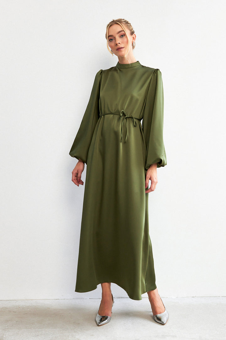 ZRF Women Balloon Sleeve Satin Evening Dress - Khaki - Chino Hills