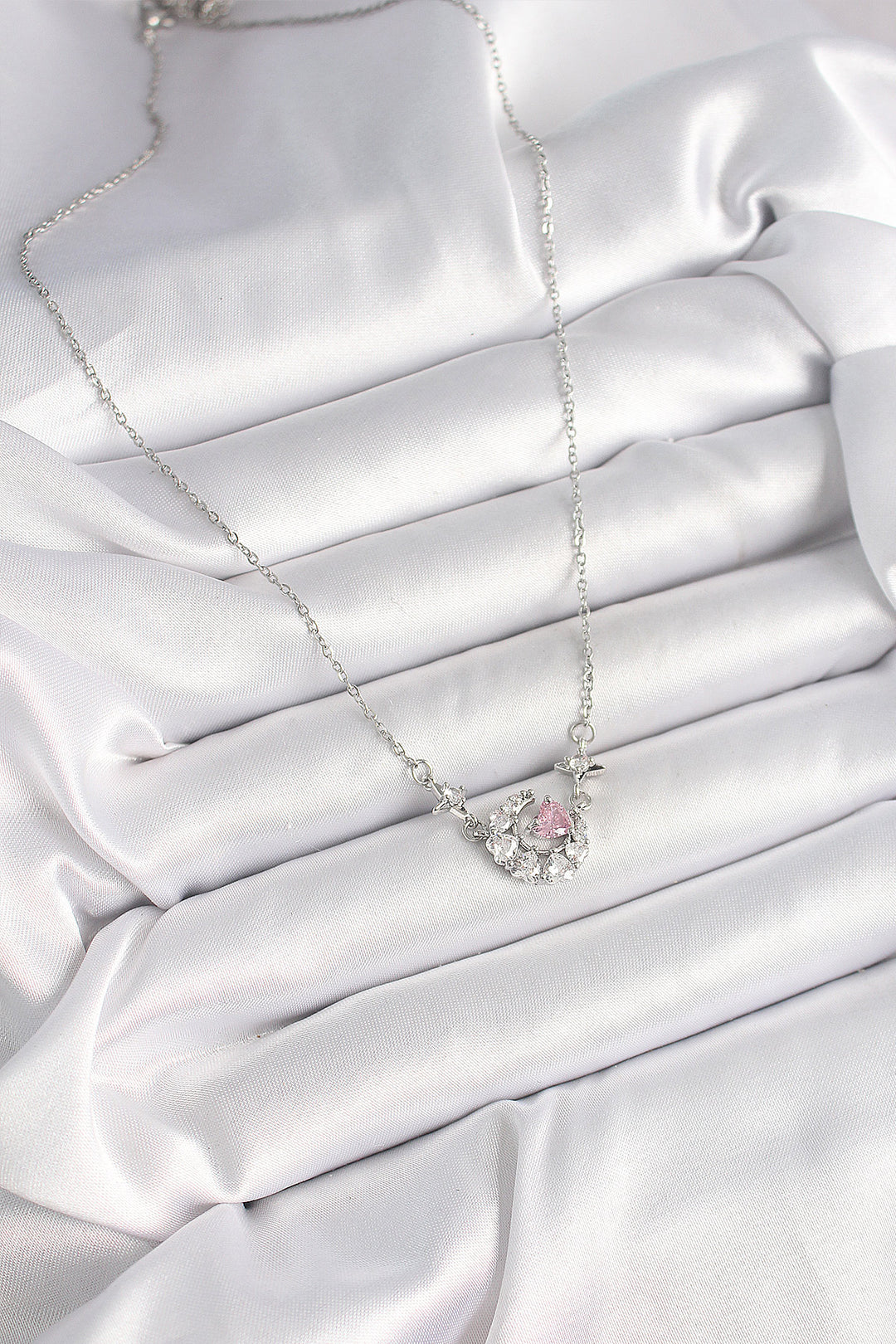 EBJ 316L Stainless Steel Silver Color Zircon Stone Crescent Pink Heart Model Women's Necklace - Kaarst