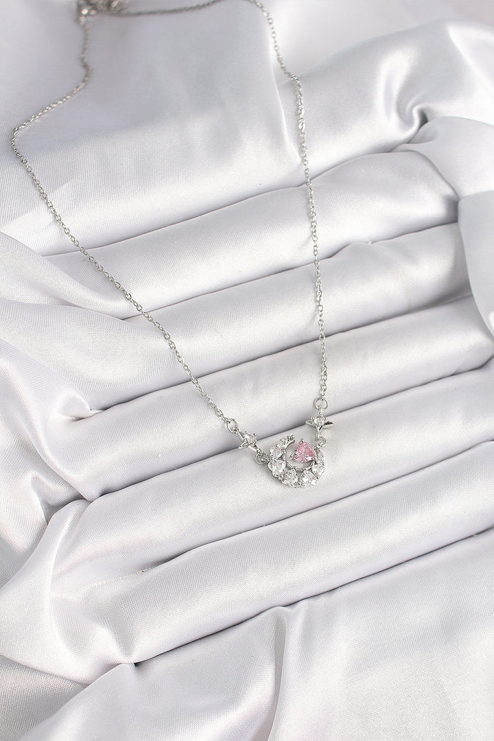 EBJ 316L Stainless Steel Silver Color Zircon Stone Crescent Pink Heart Model Women's Necklace - Kaarst