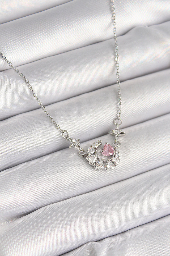 EBJ 316L Stainless Steel Silver Color Zircon Stone Crescent Pink Heart Model Women's Necklace - Kaarst